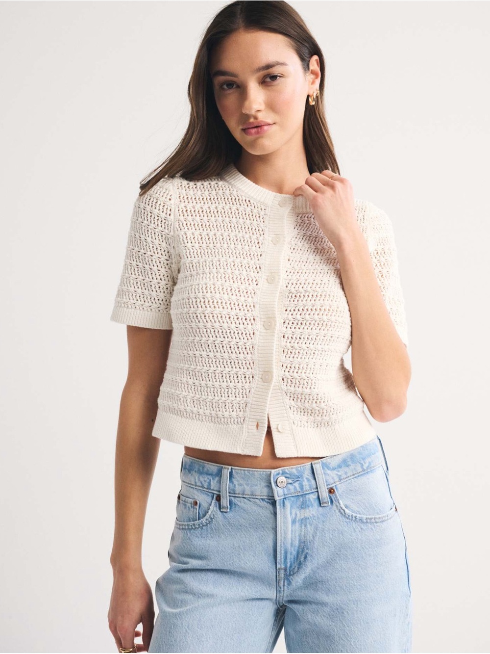 Abercrombie & Fitch Textural Short-Sleeve Crew Cardigan Cream Size Medium